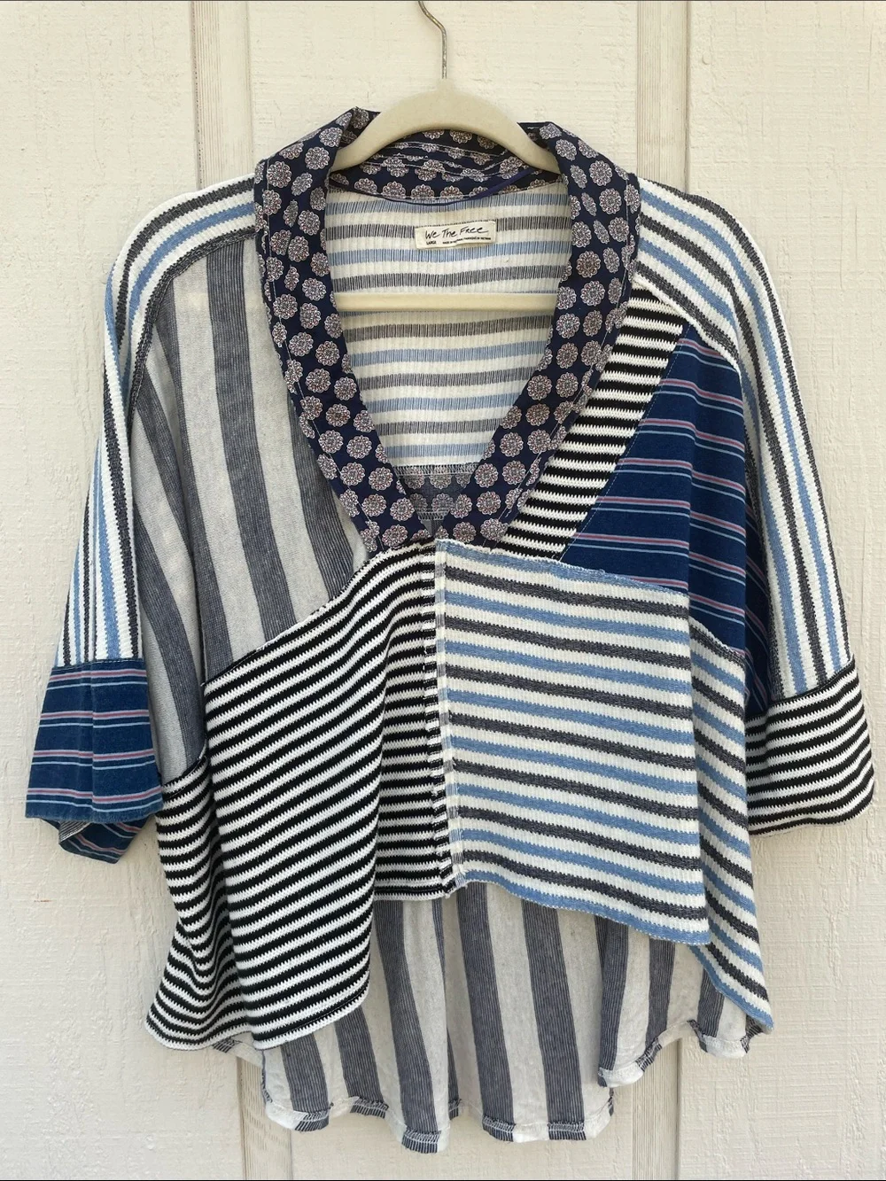 Free People The Stripe Is Right Top Large Oversized Cropped V Neck Mixed Pattern